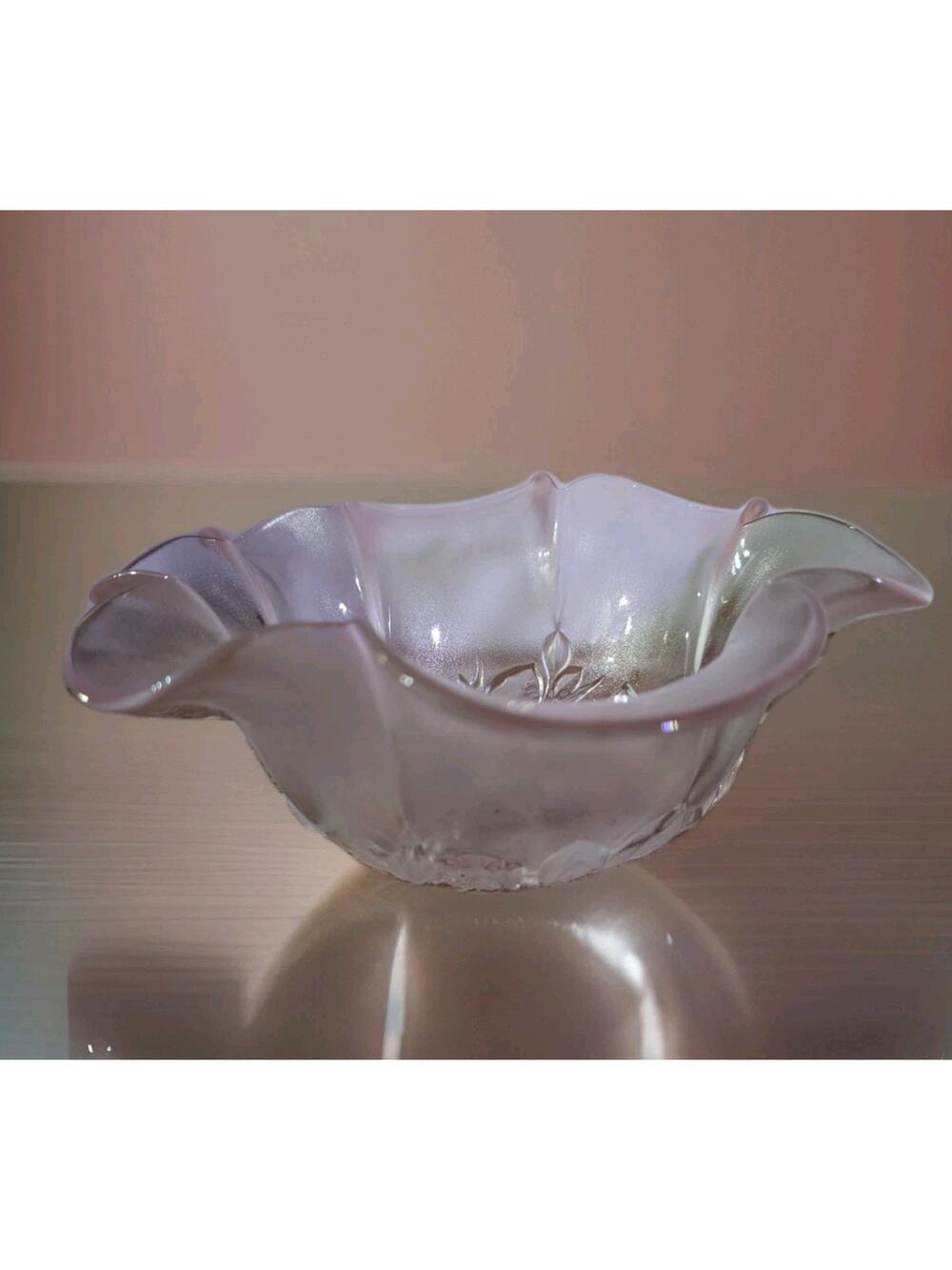 Vintage Mikasa Pink Rosella Bowl Crystal Rose Ruffled Edge Frosted Candy Dish